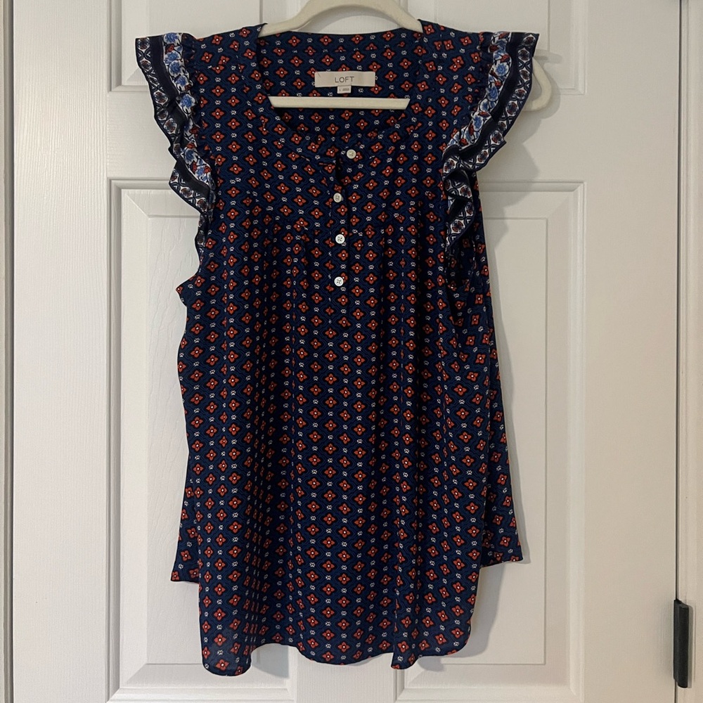 LOFT Dark Blue and Red Geometric Blouse